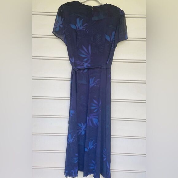 Vintage Dana Buchman 100% Silk Short Sleeve Wrap Midi Dress Dark Blue 16 - Picture 7 of 10